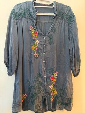 Johnny Was Gray Embroidered Boho Peasant Blouse Tunic Top xsmall